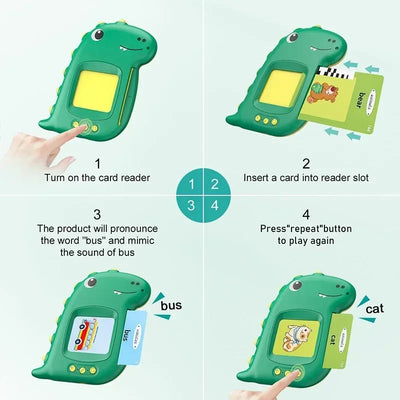 How it works: insert a card and the dino says the word