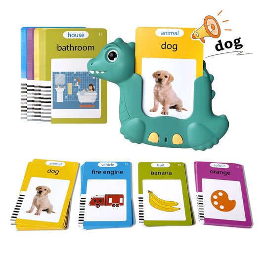 Green talking dinosaur reading a dog flash card