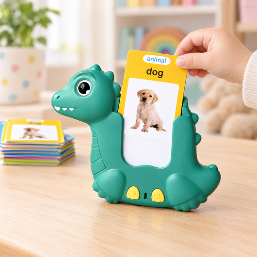 Toddler sliding a dog flash card into the green Dino talking card reader