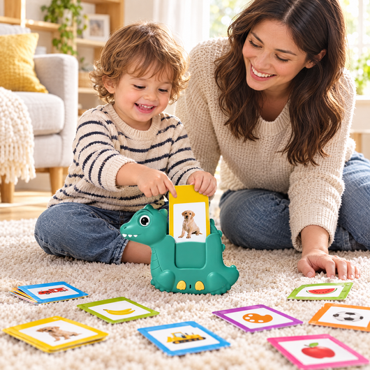 Parent and toddler playing with Dino talking flash cards on the living room rug