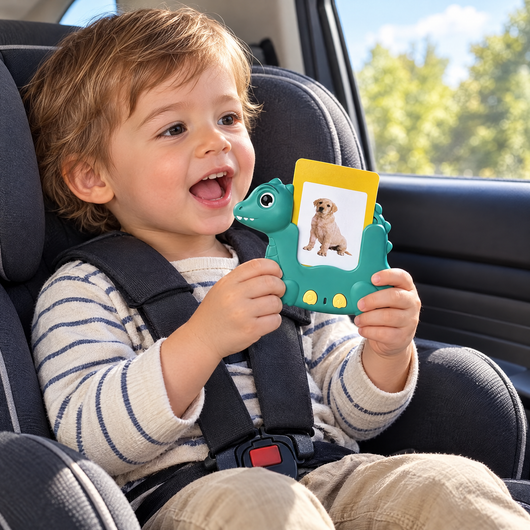Toddler using Dino talking flash cards in a car seat
